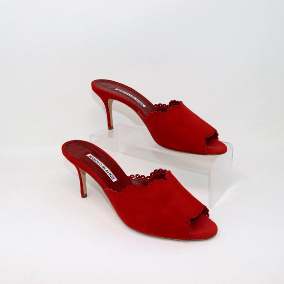 Manolo Blahnik 37.5 Scallop Lace Edge Red Suede Sandal Mule Heel